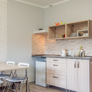 Eigene Kochnische im Apartment, eingerichtet für Urlaub mit der Familie und Kindern.